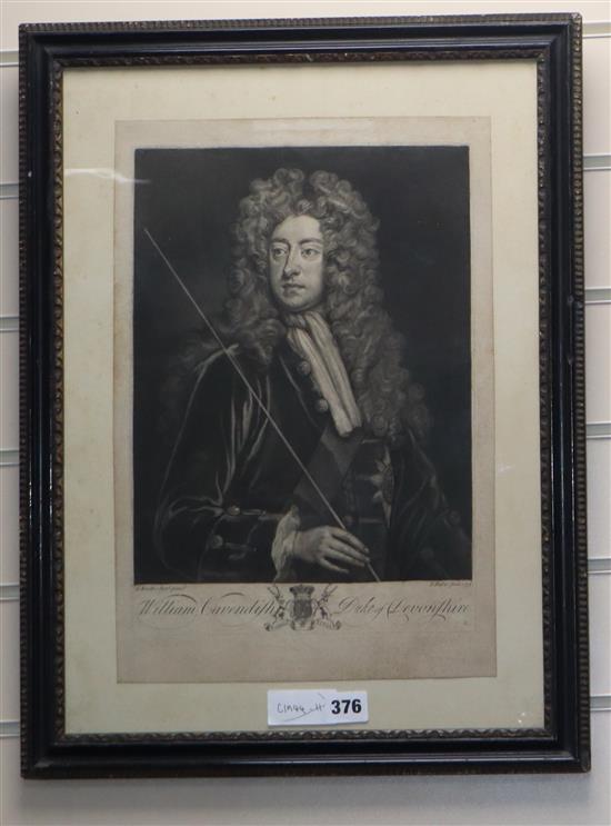 John Faber (c. 1695-1756), 1733, early framed mezzotint, William Cavendish, 2nd Duke of Devonshire, after Sir Godfrey Kneller, 41x28cm